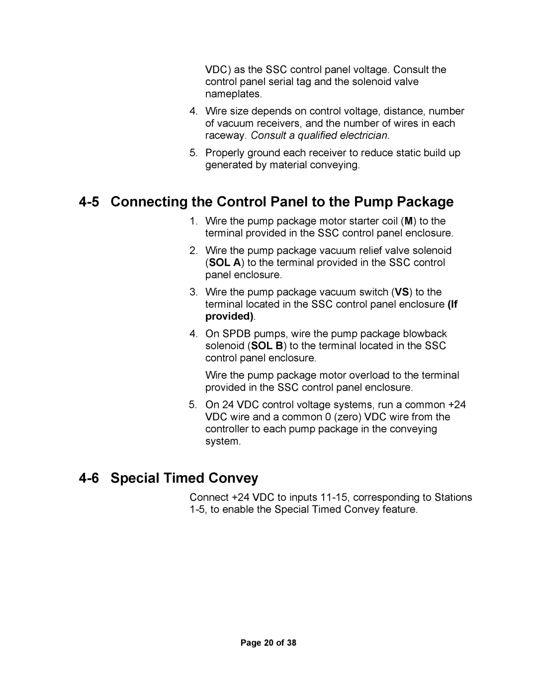 Sterling SSC1-5Q service manual Connecting the Control Panel to the Pump Package, Special Timed Convey 