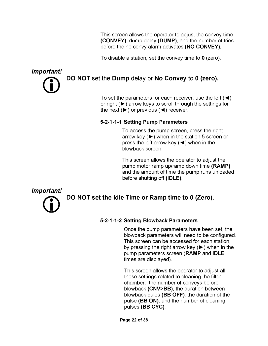 Sterling SSC1-5Q service manual Setting Pump Parameters, Setting Blowback Parameters 