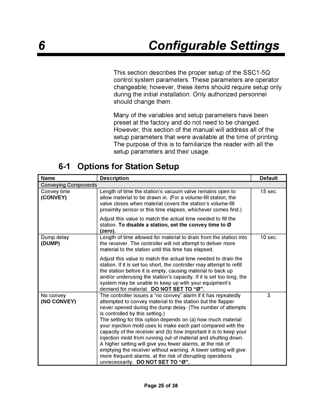 Sterling SSC1-5Q service manual 6Configurable Settings, Options for Station Setup 