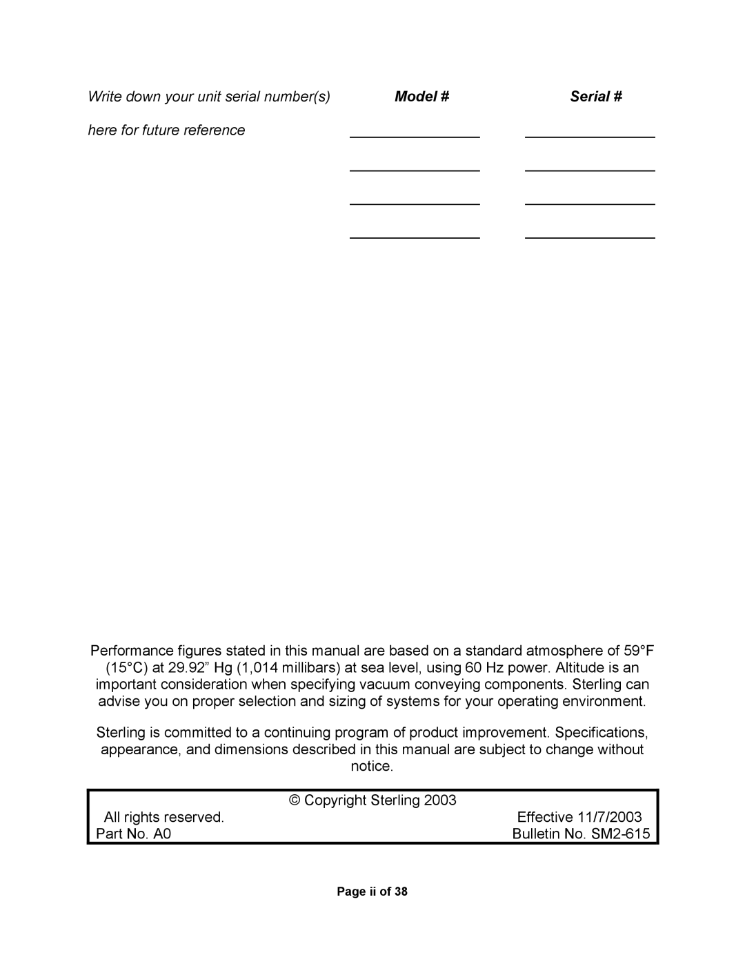 Sterling SSC1-5Q service manual Model # Serial # 