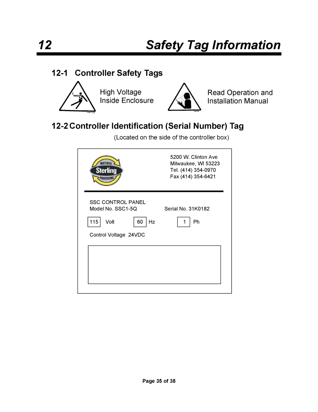 Sterling SSC1-5Q service manual Safety Tag Information, Controller Safety Tags, Controller Identification Serial Number Tag 