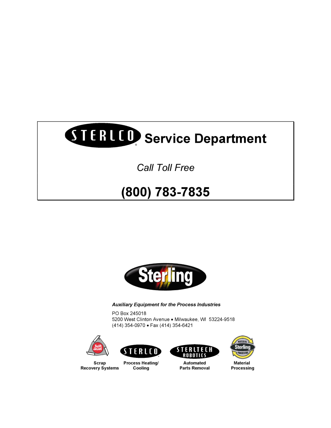 Sterling SSC1-5Q service manual Service Department 