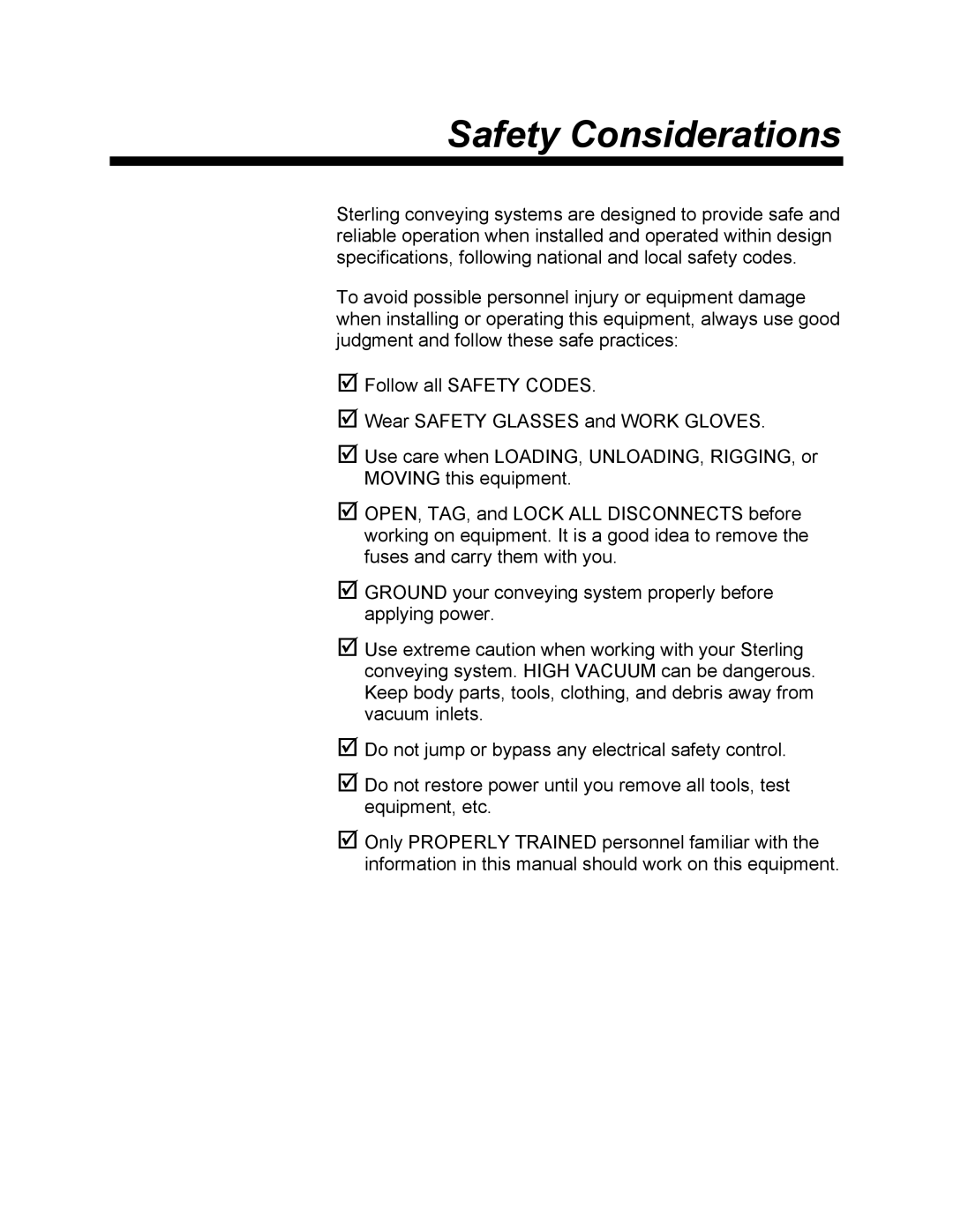 Sterling SSC1-5Q service manual Safety Considerations 