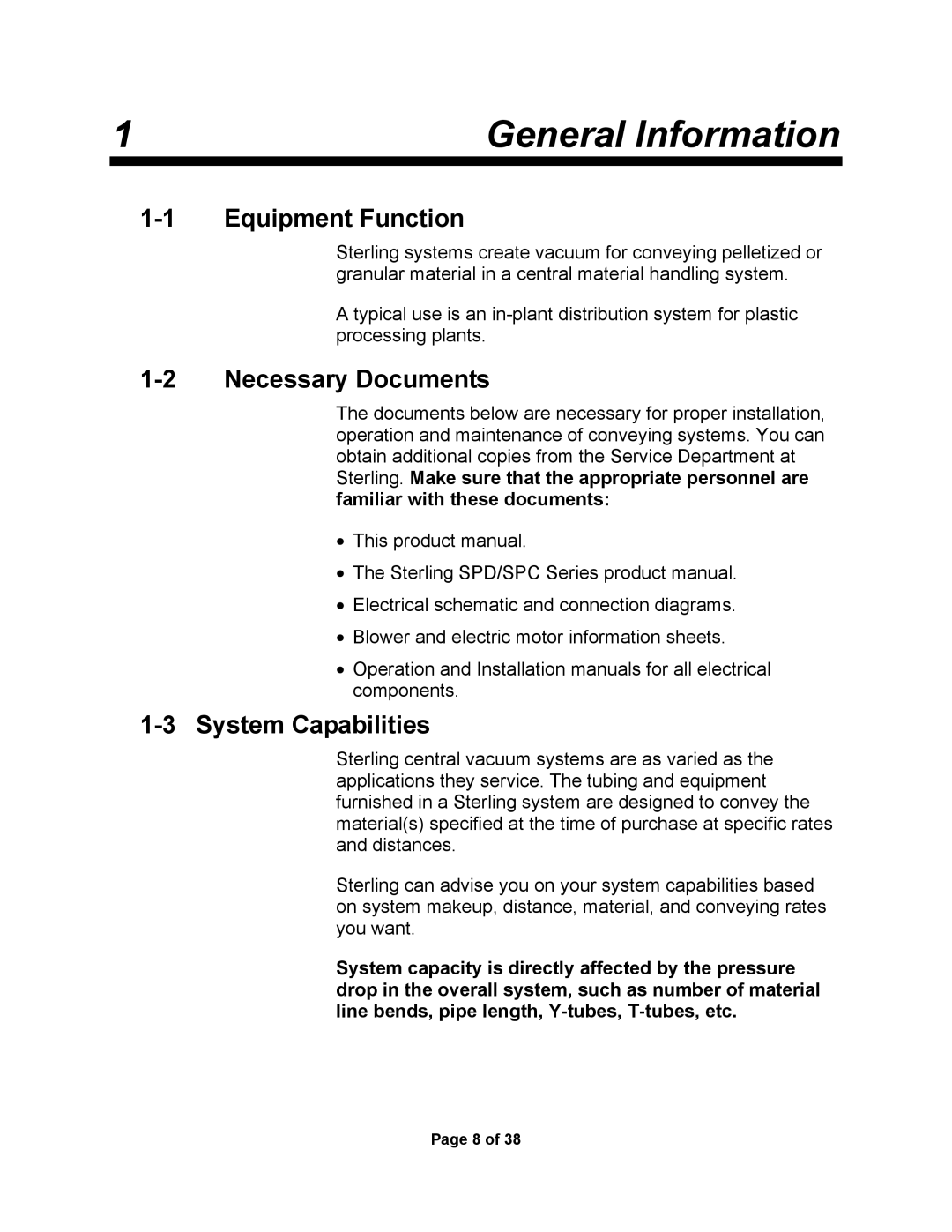 Sterling SSC1-5Q service manual General Information, Equipment Function, Necessary Documents, System Capabilities 