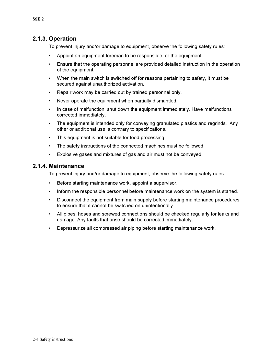 Sterling SSE-2 manual Operation, Maintenance 