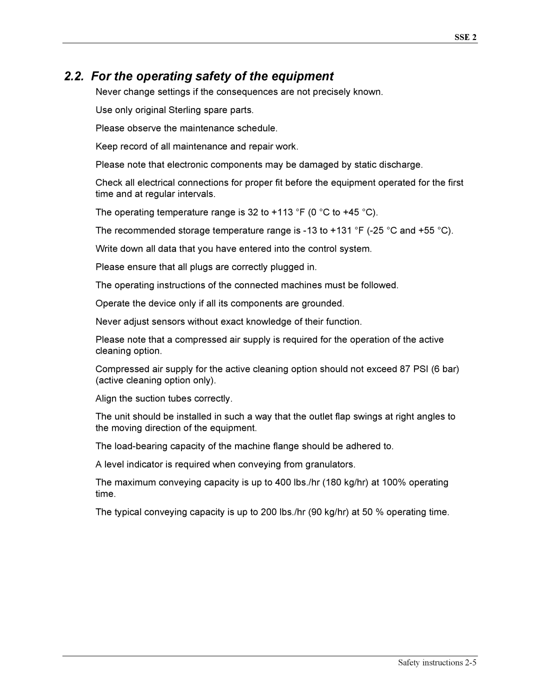 Sterling SSE-2 manual For the operating safety of the equipment 