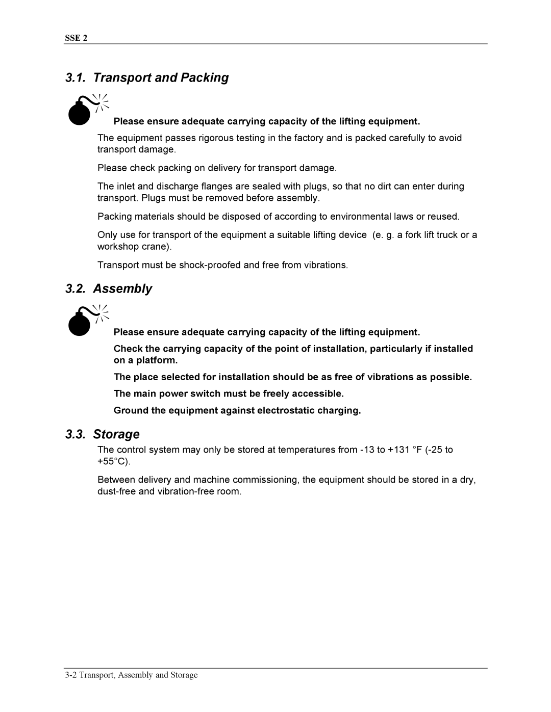 Sterling SSE-2 manual Transport and Packing, Assembly, Storage 