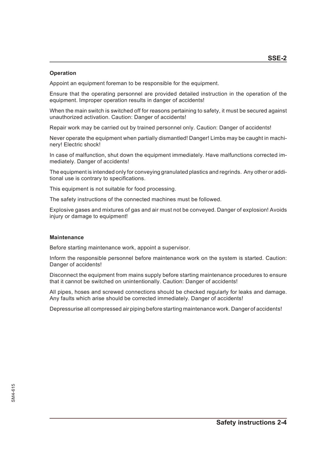 Sterling SSE-2 operating instructions Operation, Maintenance 