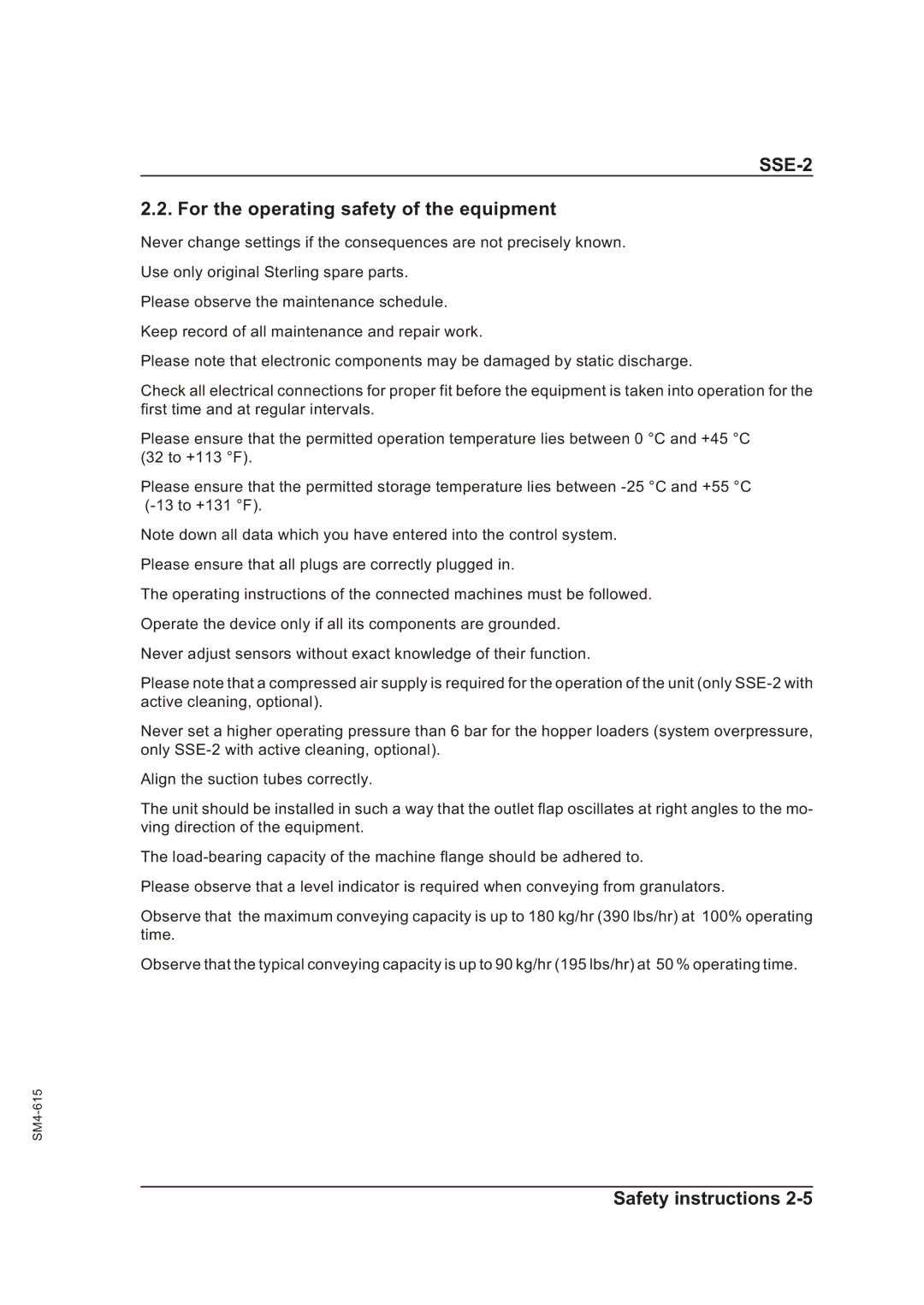 Sterling SSE-2 operating instructions For the operating safety of the equipment 