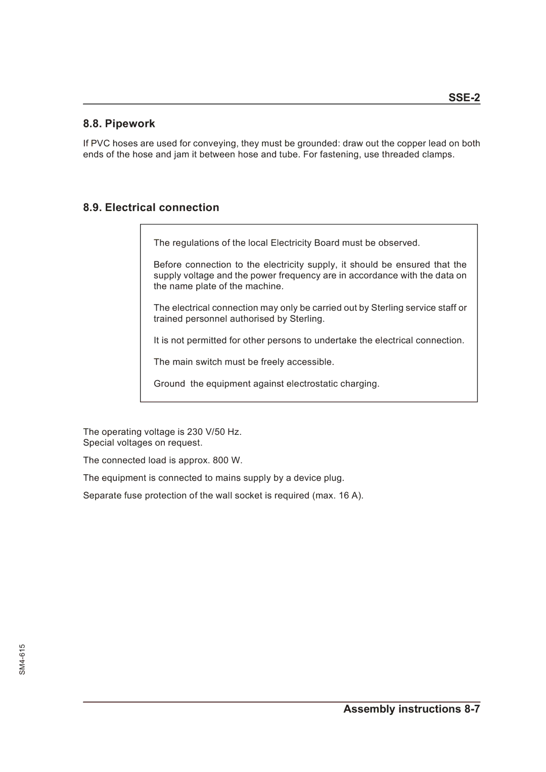 Sterling SSE-2 operating instructions Pipework, Electrical connection 