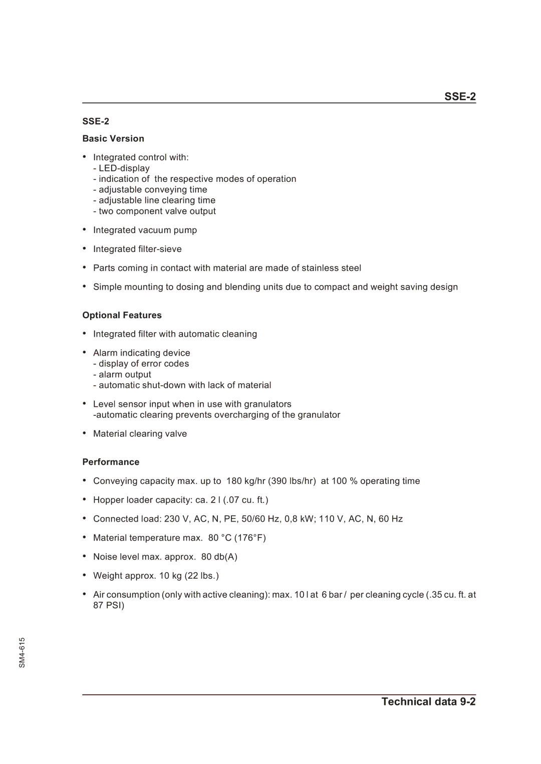 Sterling SSE-2 operating instructions Basic Version, Optional Features, Performance 