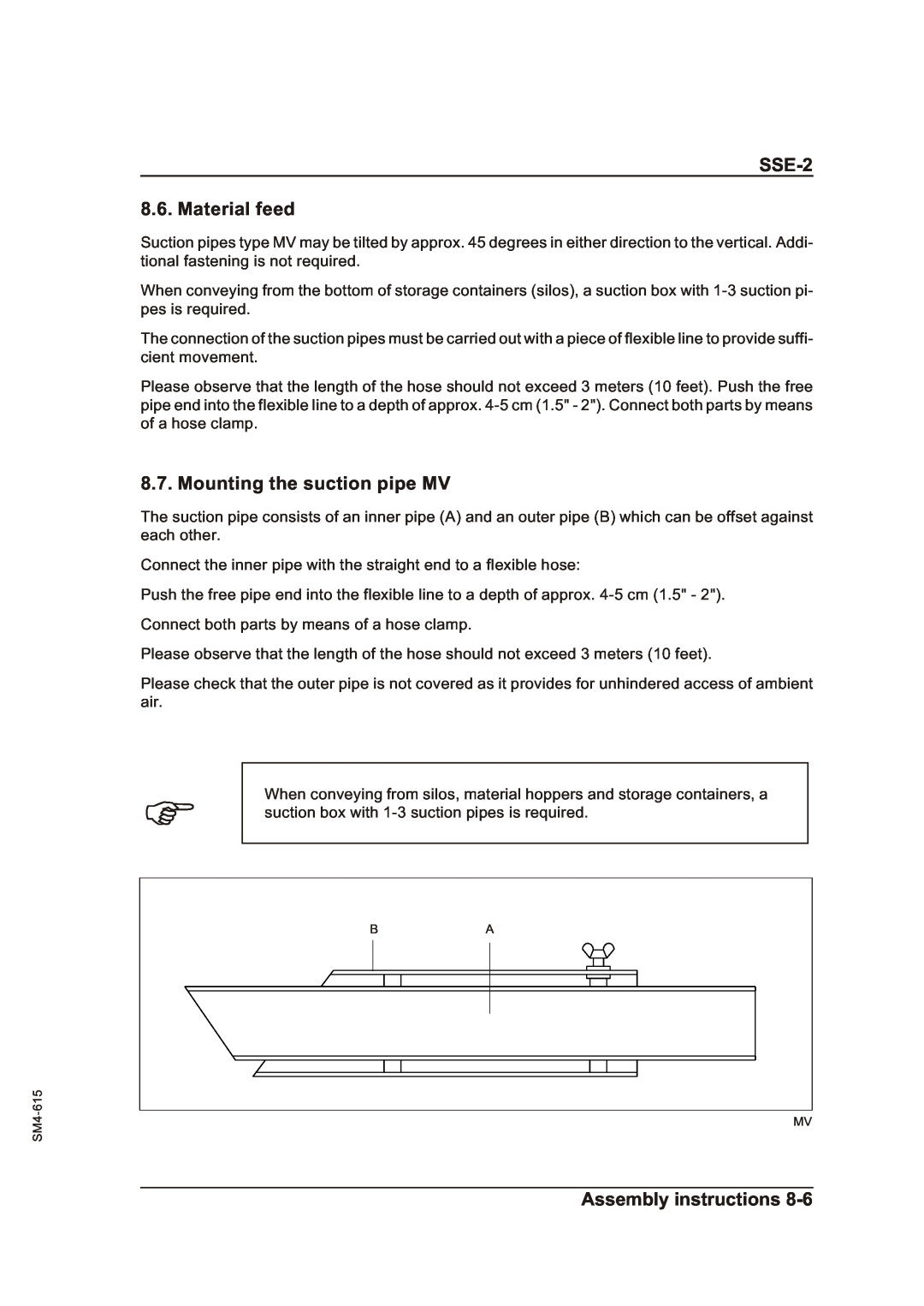 Sterling operating instructions SSE-2 8.6. Material feed, Mounting the suction pipe MV, Assembly instructions 