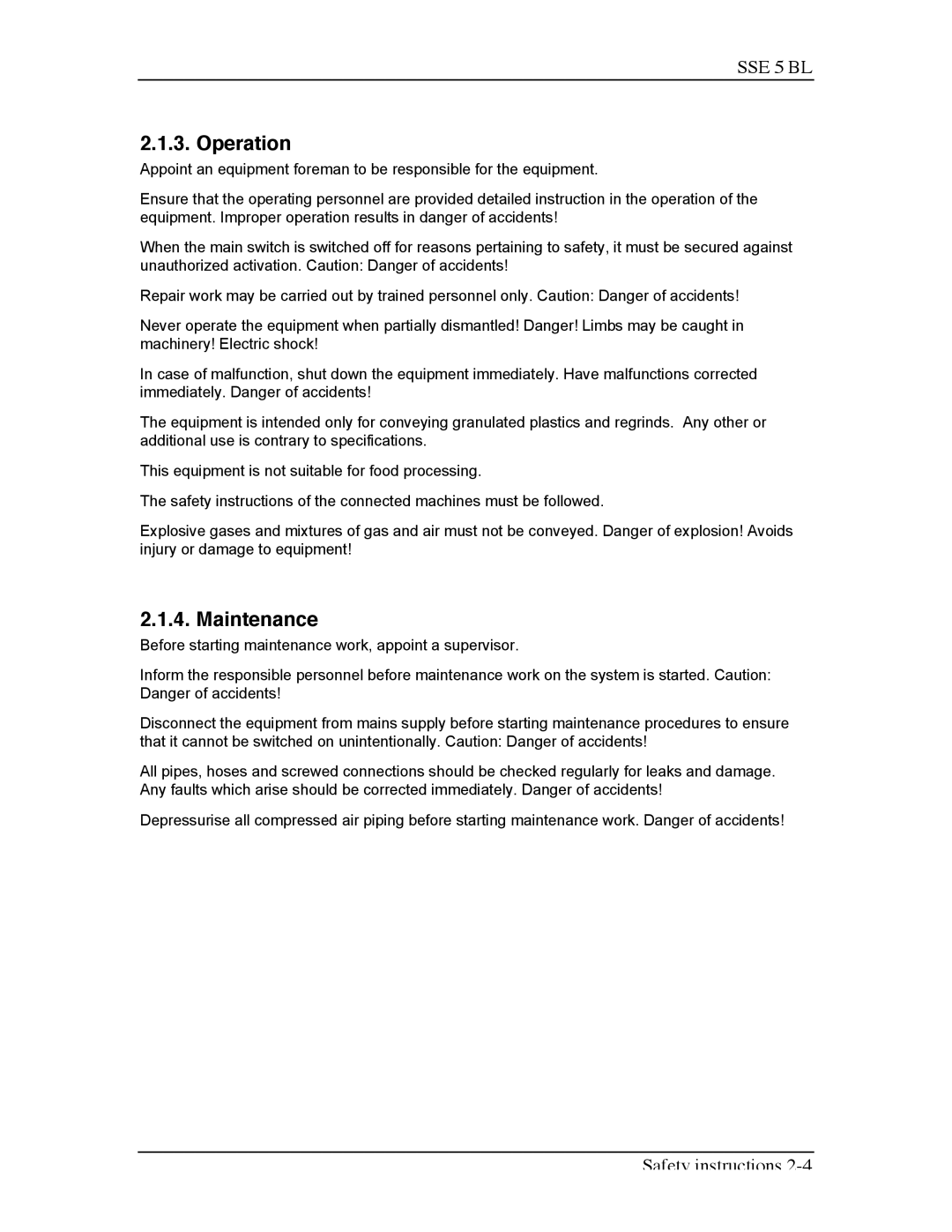 Sterling SSE-5 BL operating instructions Operation, Maintenance 