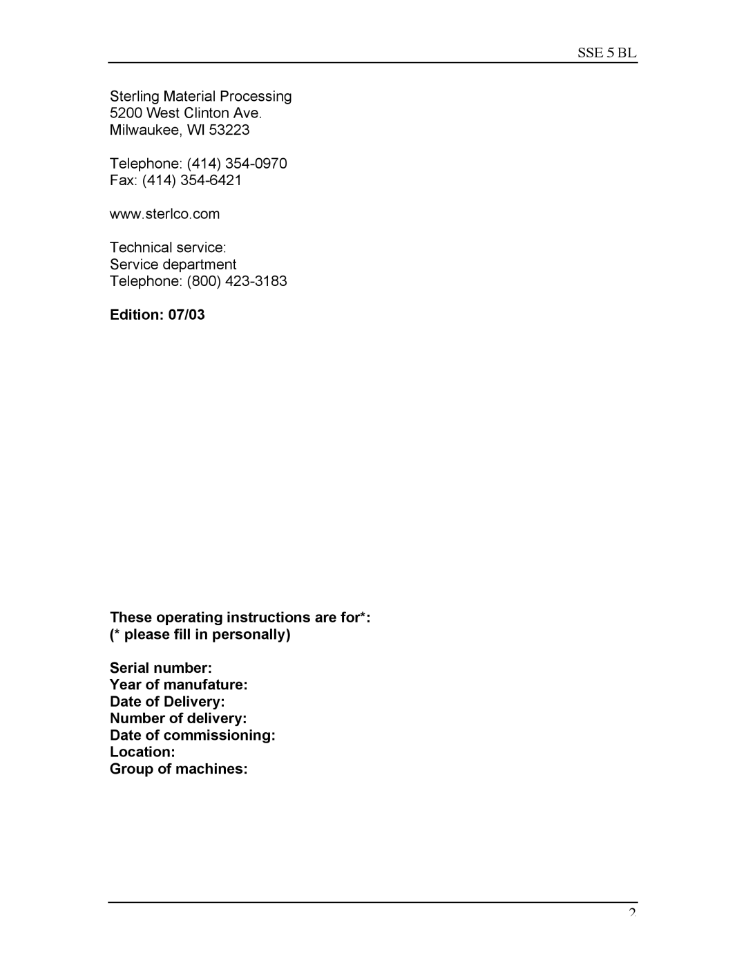 Sterling SSE-5 BL operating instructions SSE 5 BL 