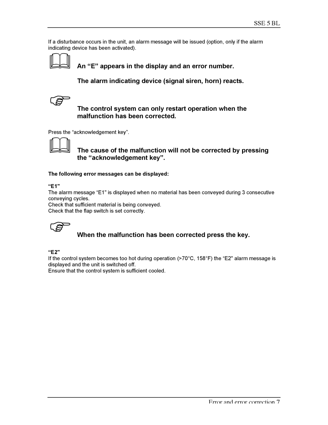 Sterling SSE-5 BL operating instructions When the malfunction has been corrected press the key 