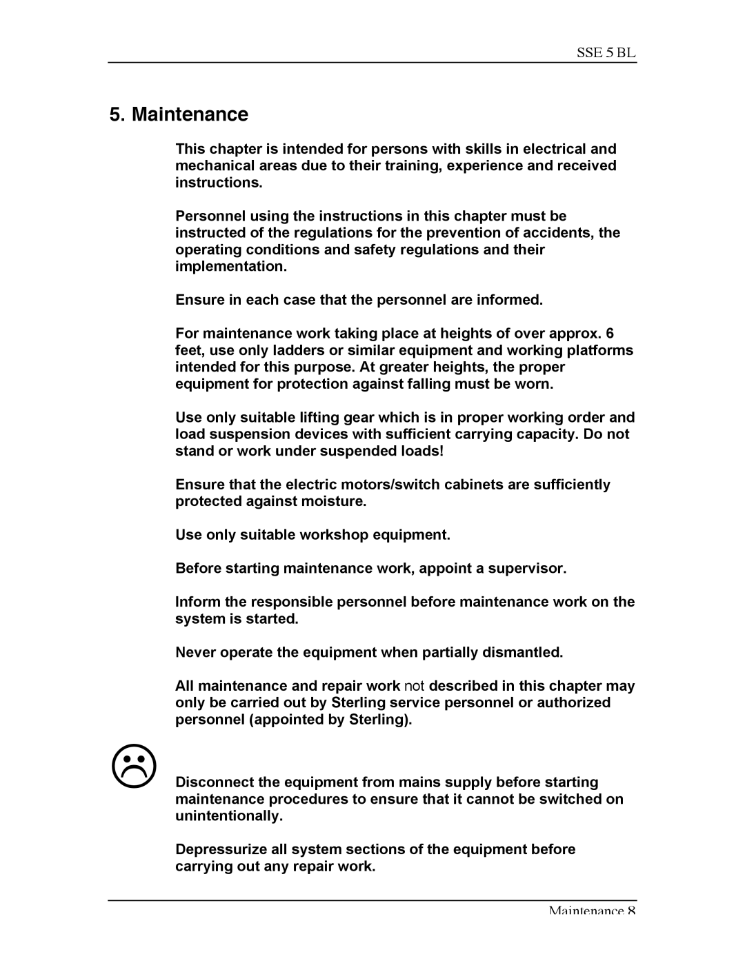 Sterling SSE-5 BL operating instructions Maintenance 