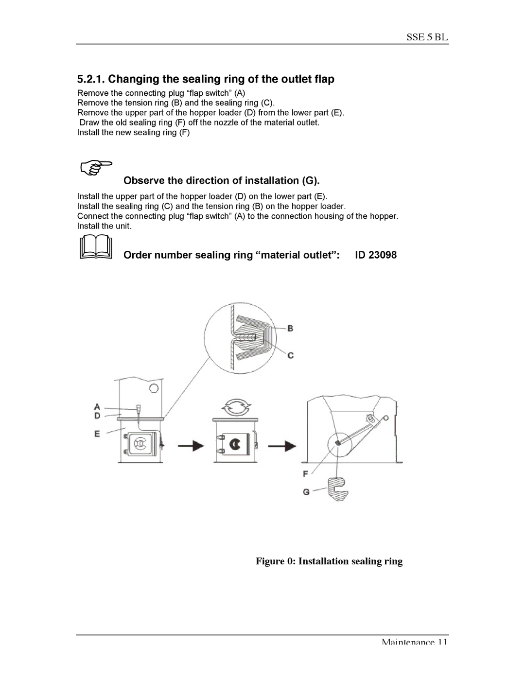 Sterling SSE-5 BL Changing the sealing ring of the outlet flap, Observe the direction of installation G 