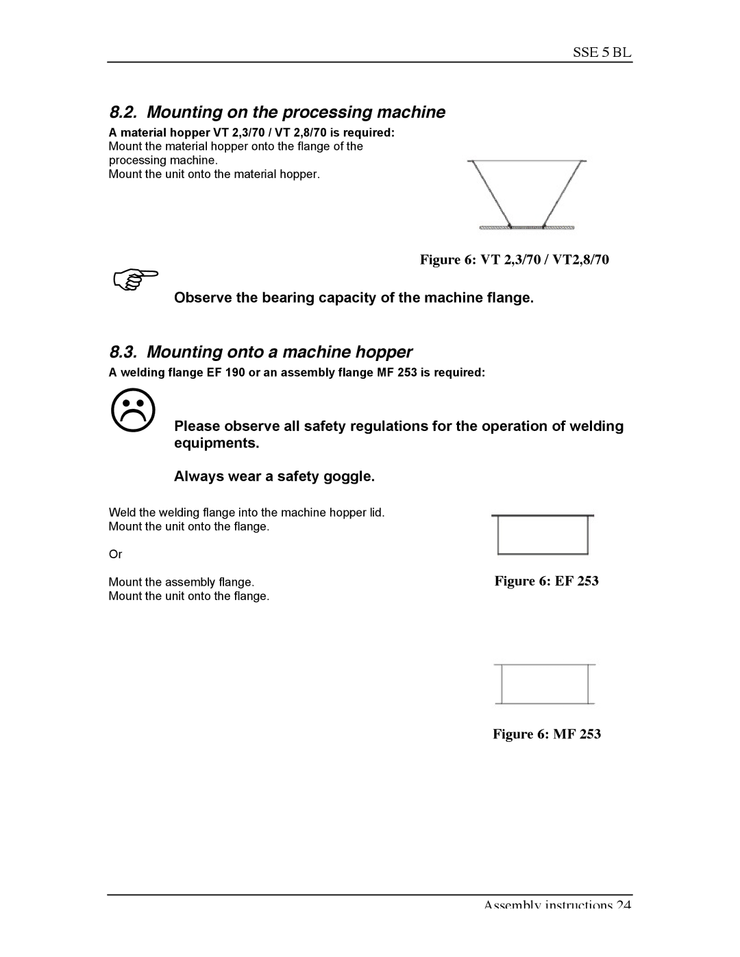 Sterling SSE-5 BL operating instructions Mounting on the processing machine, Mounting onto a machine hopper 