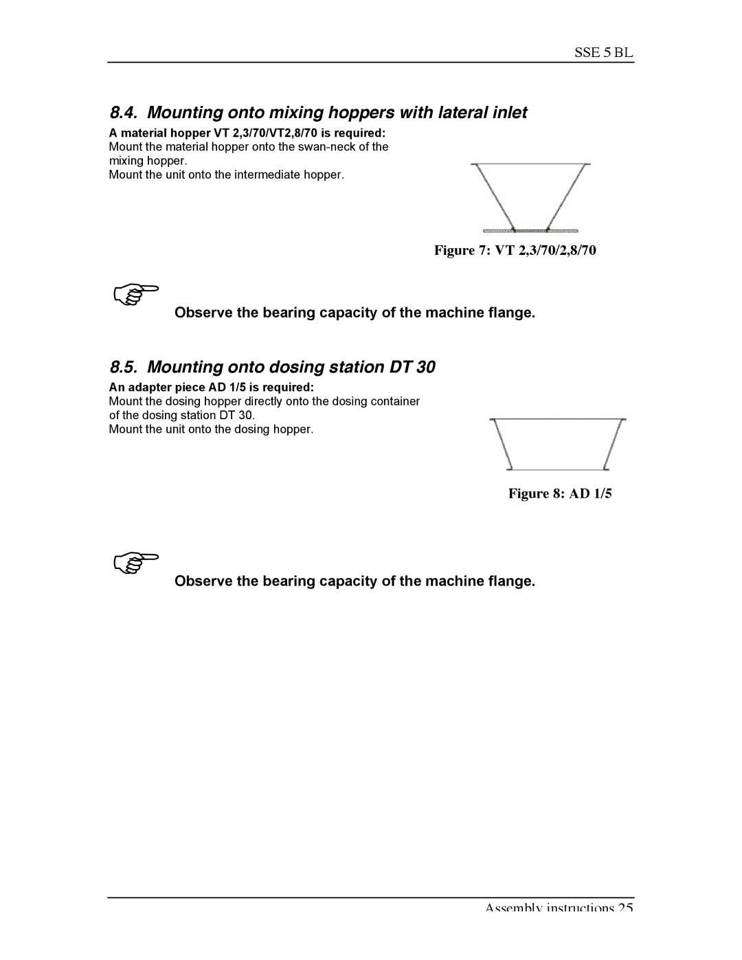 Sterling SSE-5 BL operating instructions Mounting onto mixing hoppers with lateral inlet, Mounting onto dosing station DT 