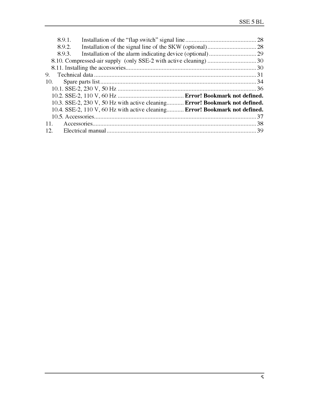 Sterling SSE-5 BL operating instructions Technical data Spare parts list SSE-2 