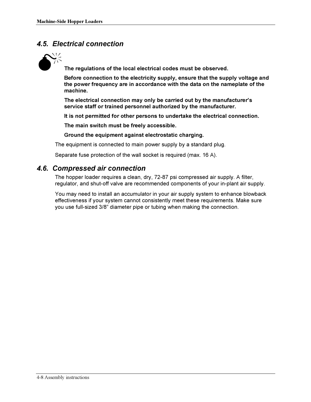 Sterling manual Electrical connection, Compressed air connection 