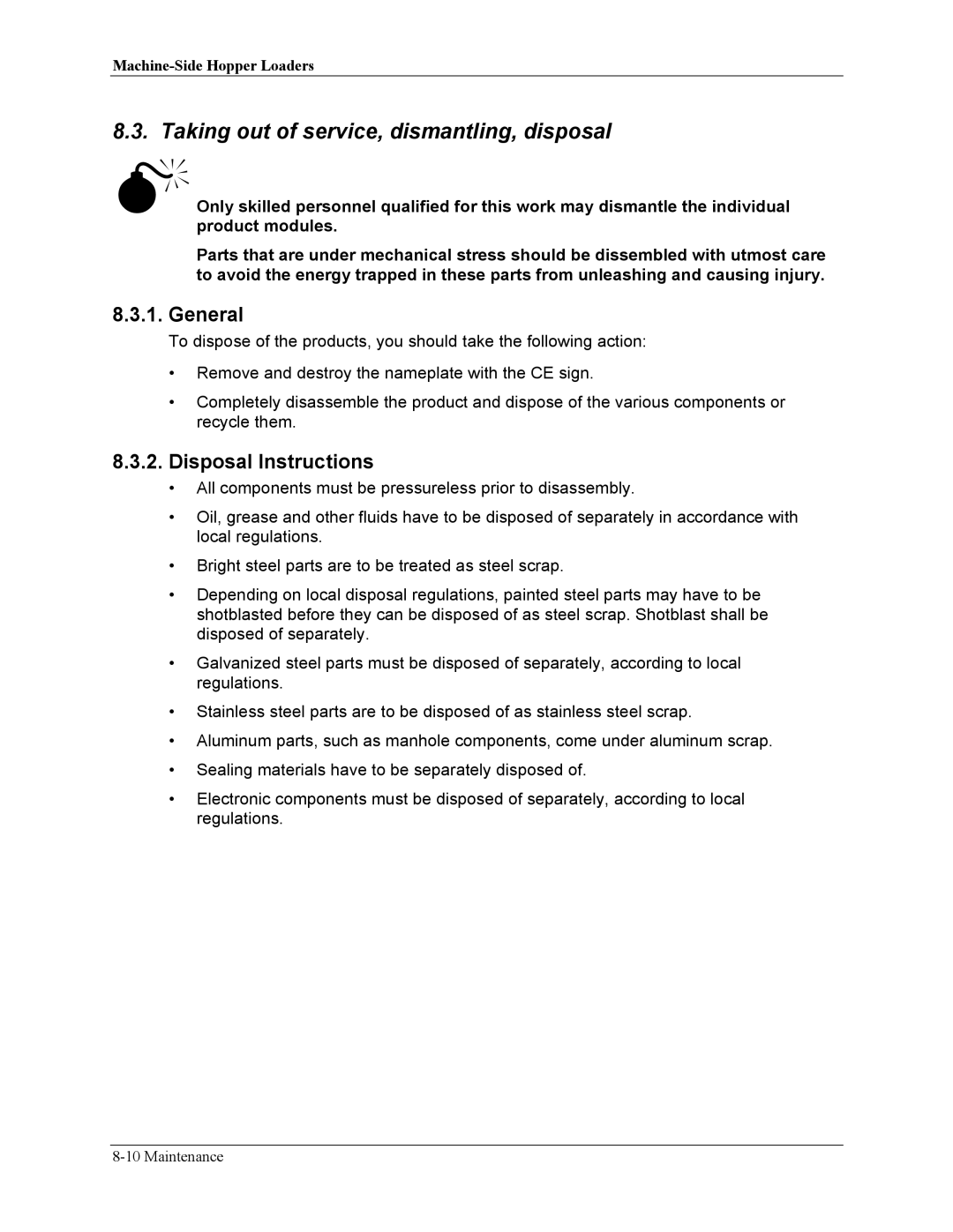 Sterling sse manual Taking out of service, dismantling, disposal, Disposal Instructions 