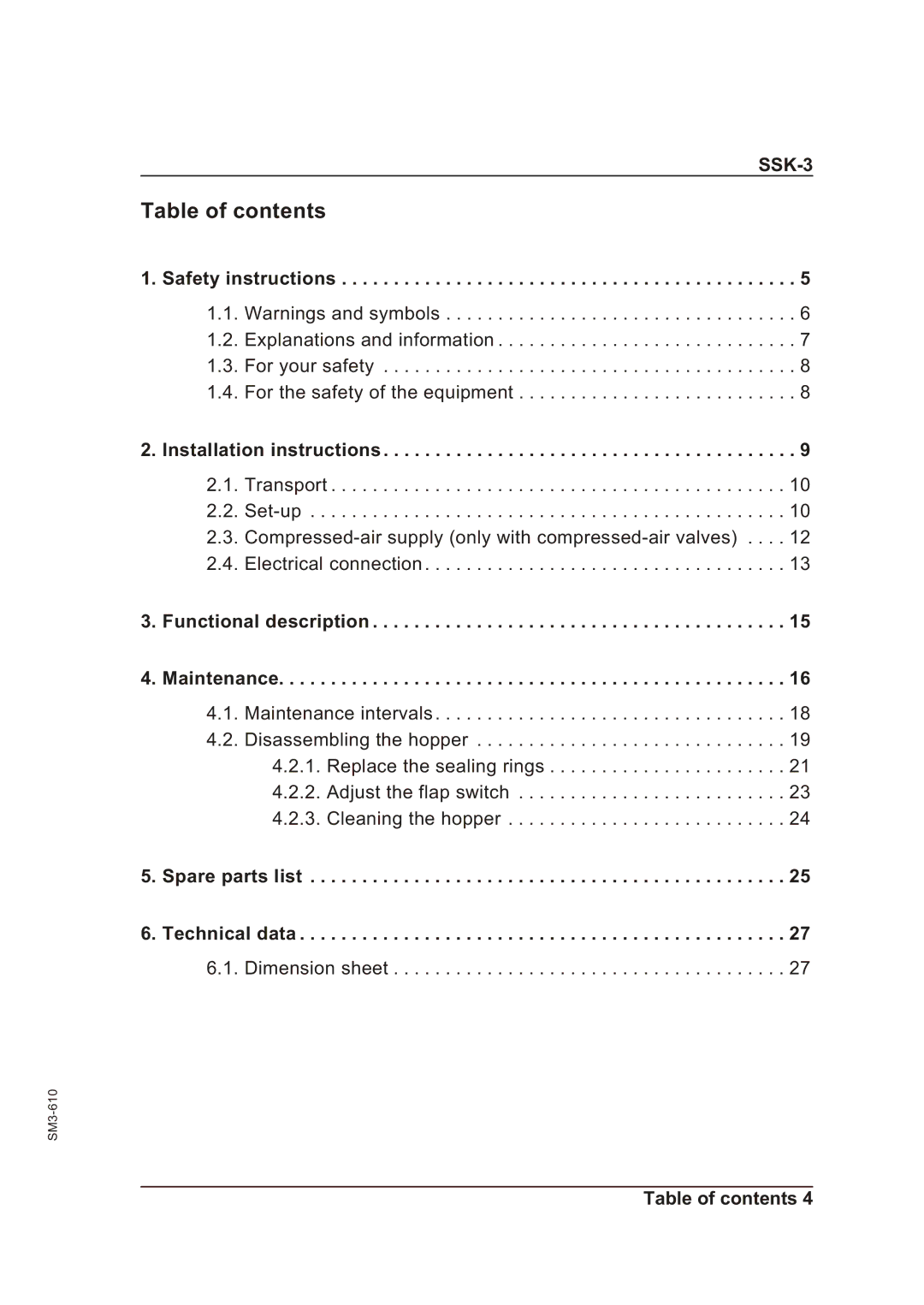 Sterling SSk-3 operating instructions Table of contents 