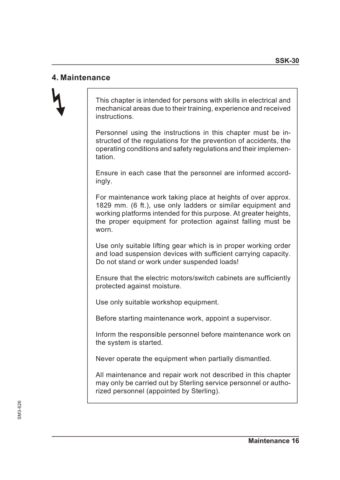 Sterling SSK-30 manual Maintenance 