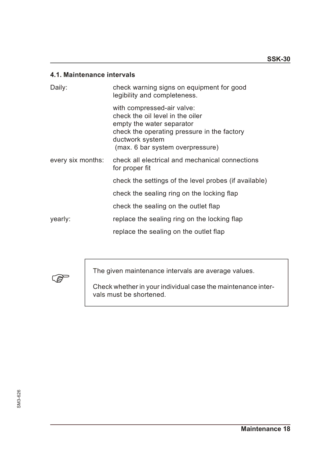 Sterling manual SSK-30 Maintenance intervals 