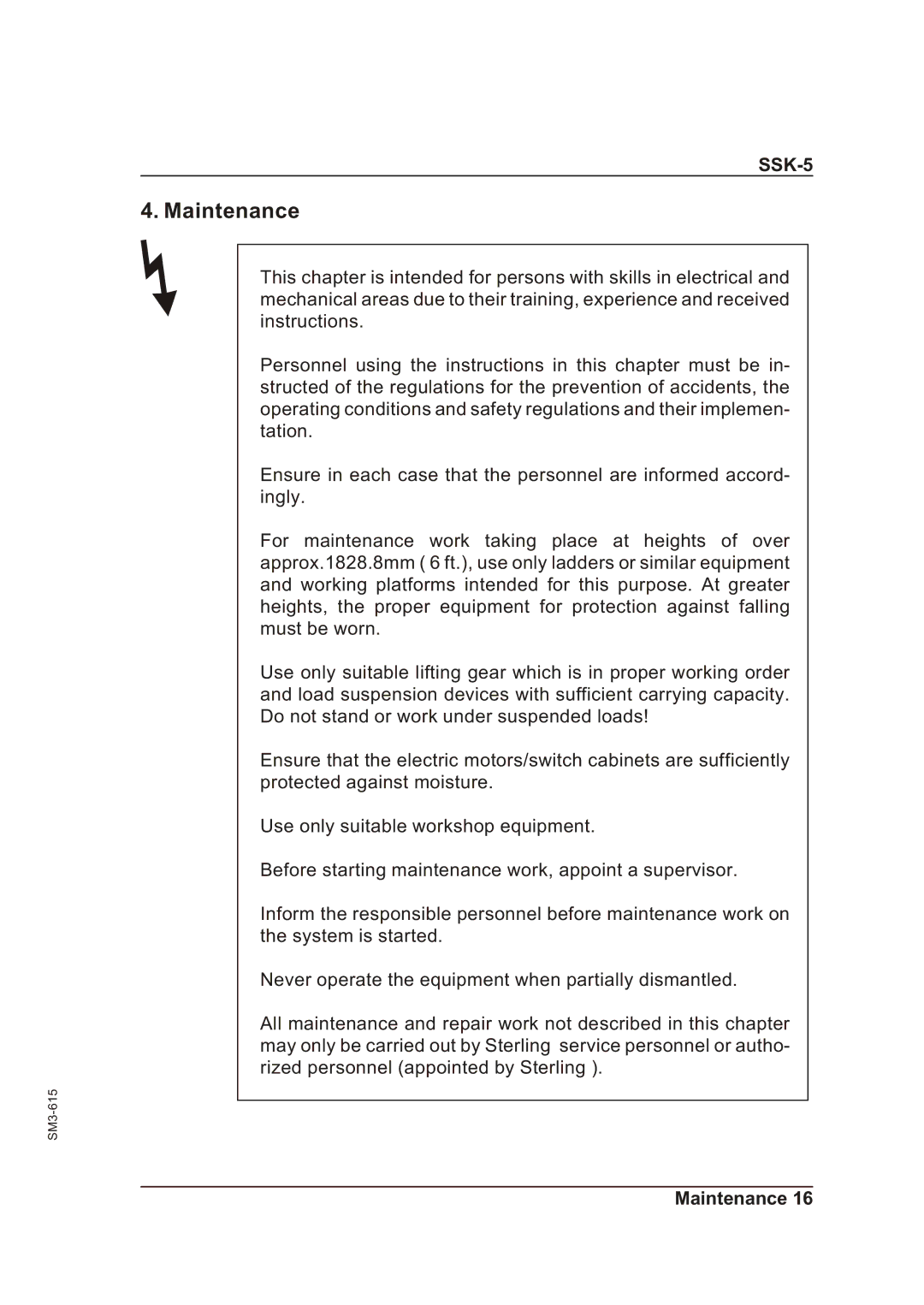 Sterling SSK-5 operating instructions Maintenance 