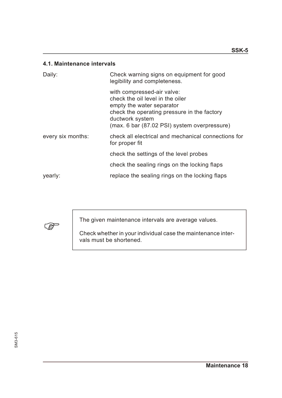 Sterling SSK-5 operating instructions Maintenance intervals 