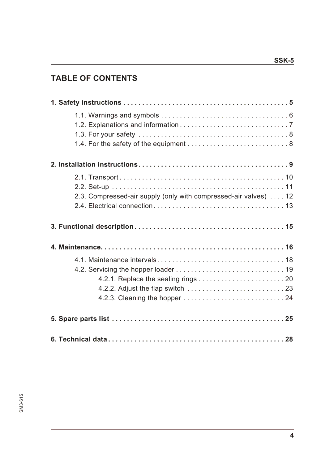 Sterling SSK-5 operating instructions Table of Contents 