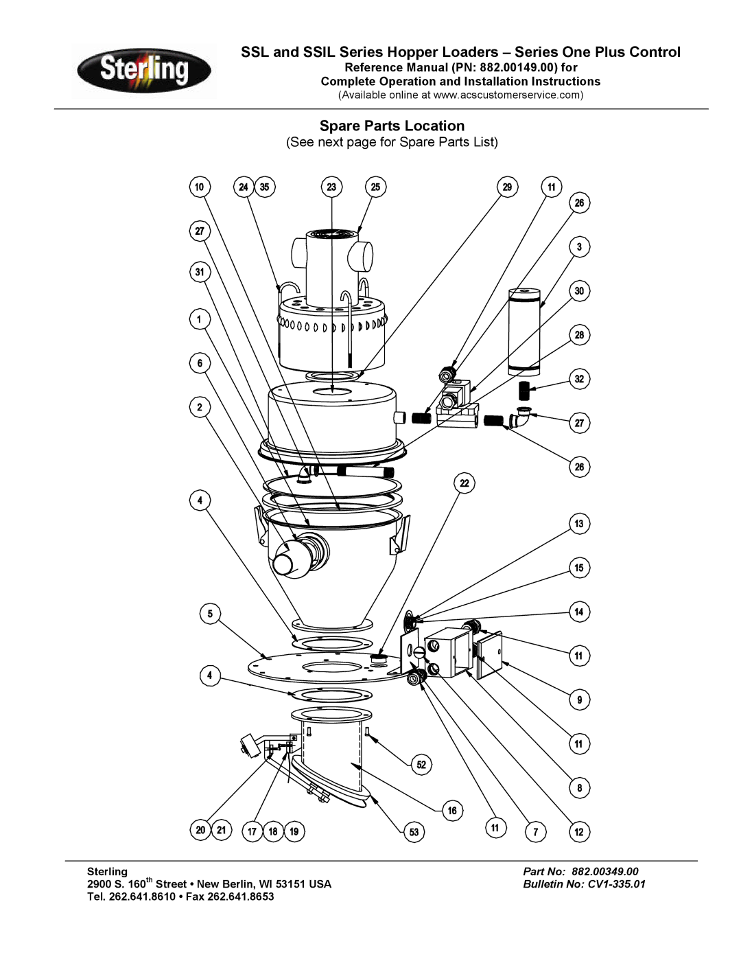 Sterling SSL, SSIL Series installation instructions Spare Parts Location 