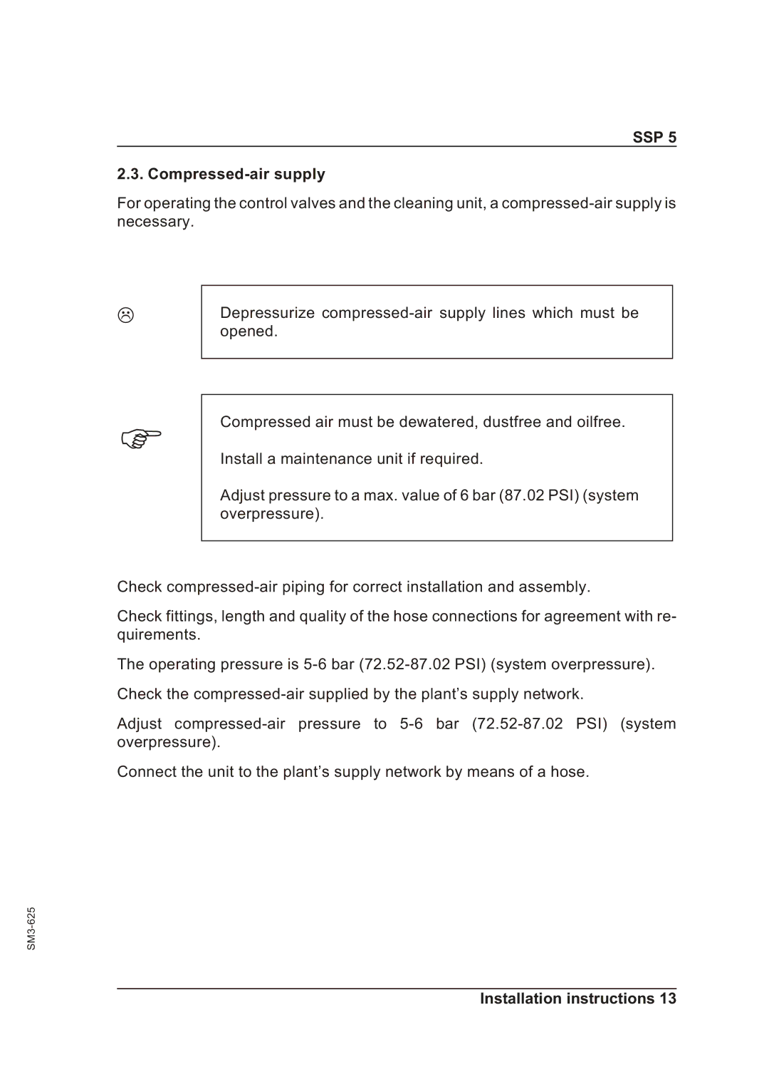 Sterling SSP 5 operating instructions Compressed-air supply 