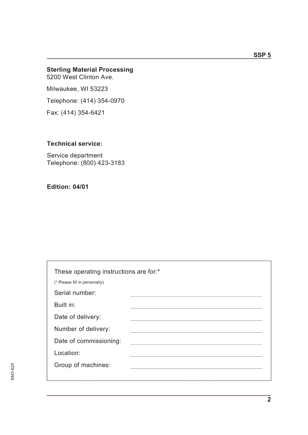 Sterling SSP 5 operating instructions Technical service, Edition 04/01 