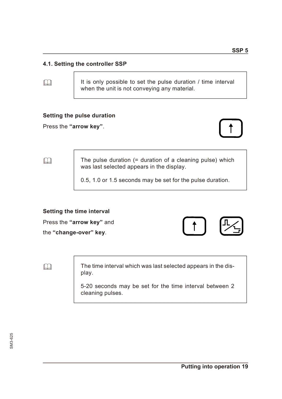 Sterling SSP 5 Setting the controller SSP, Setting the pulse duration Press the arrow key, Setting the time interval 