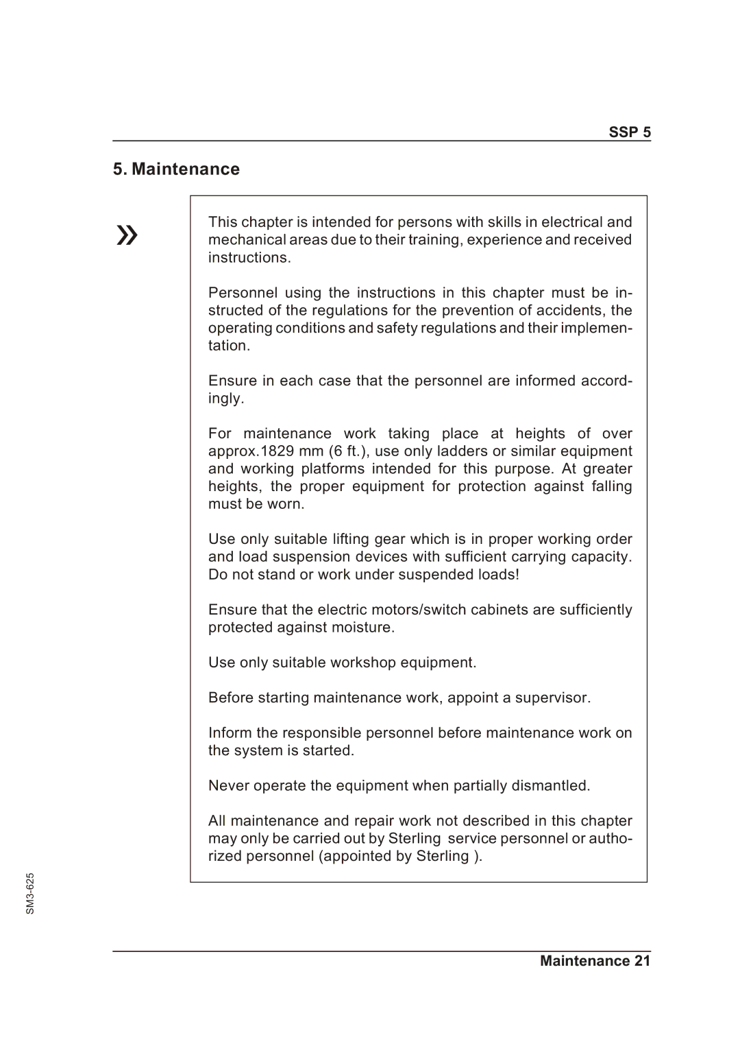 Sterling SSP 5 operating instructions Maintenance 