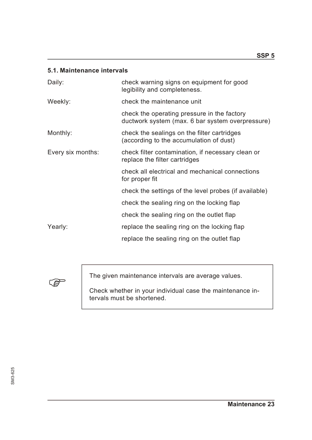 Sterling SSP 5 operating instructions Maintenance intervals 