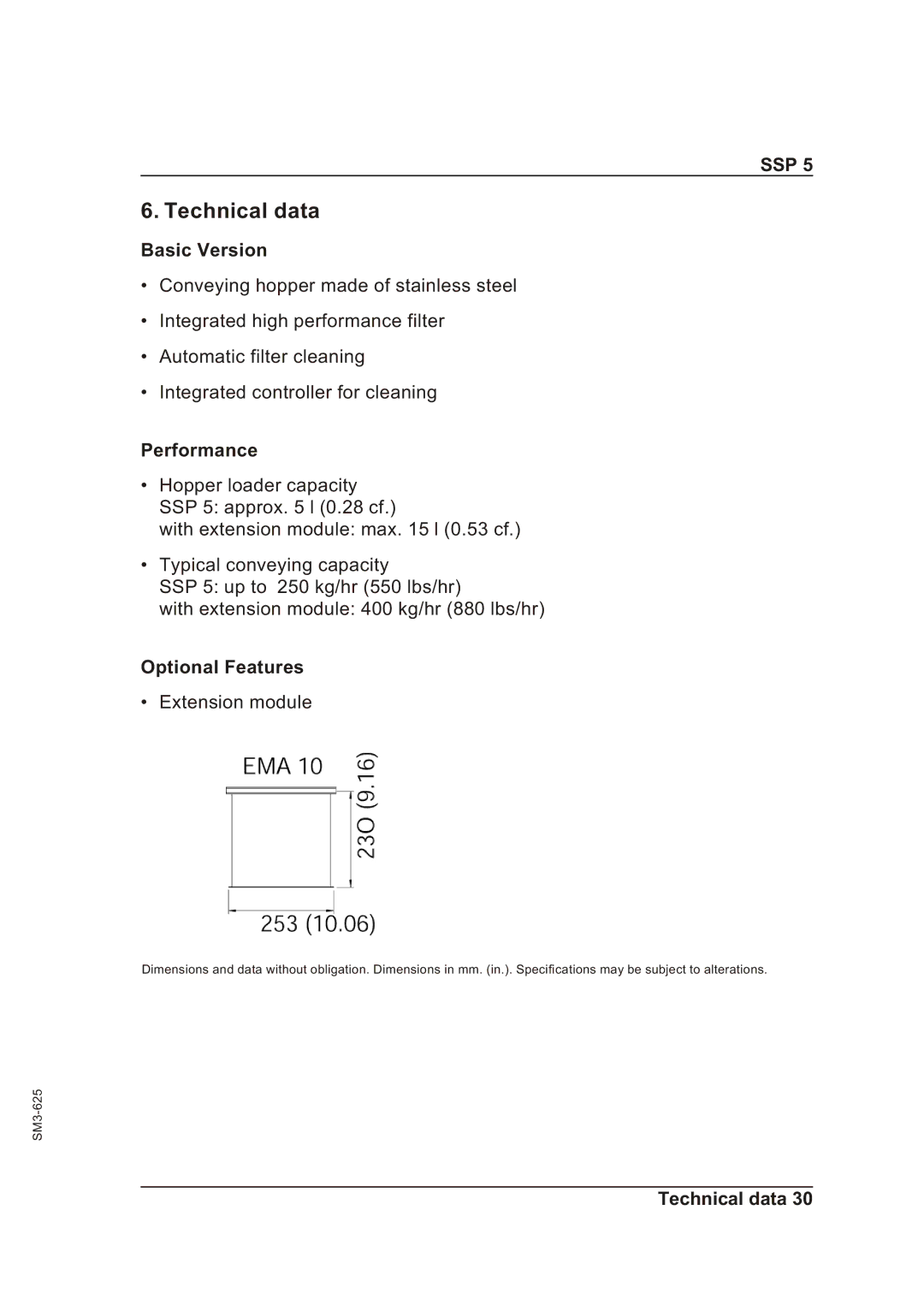 Sterling SSP 5 operating instructions Technical data, Basic Version, Performance, Optional Features 