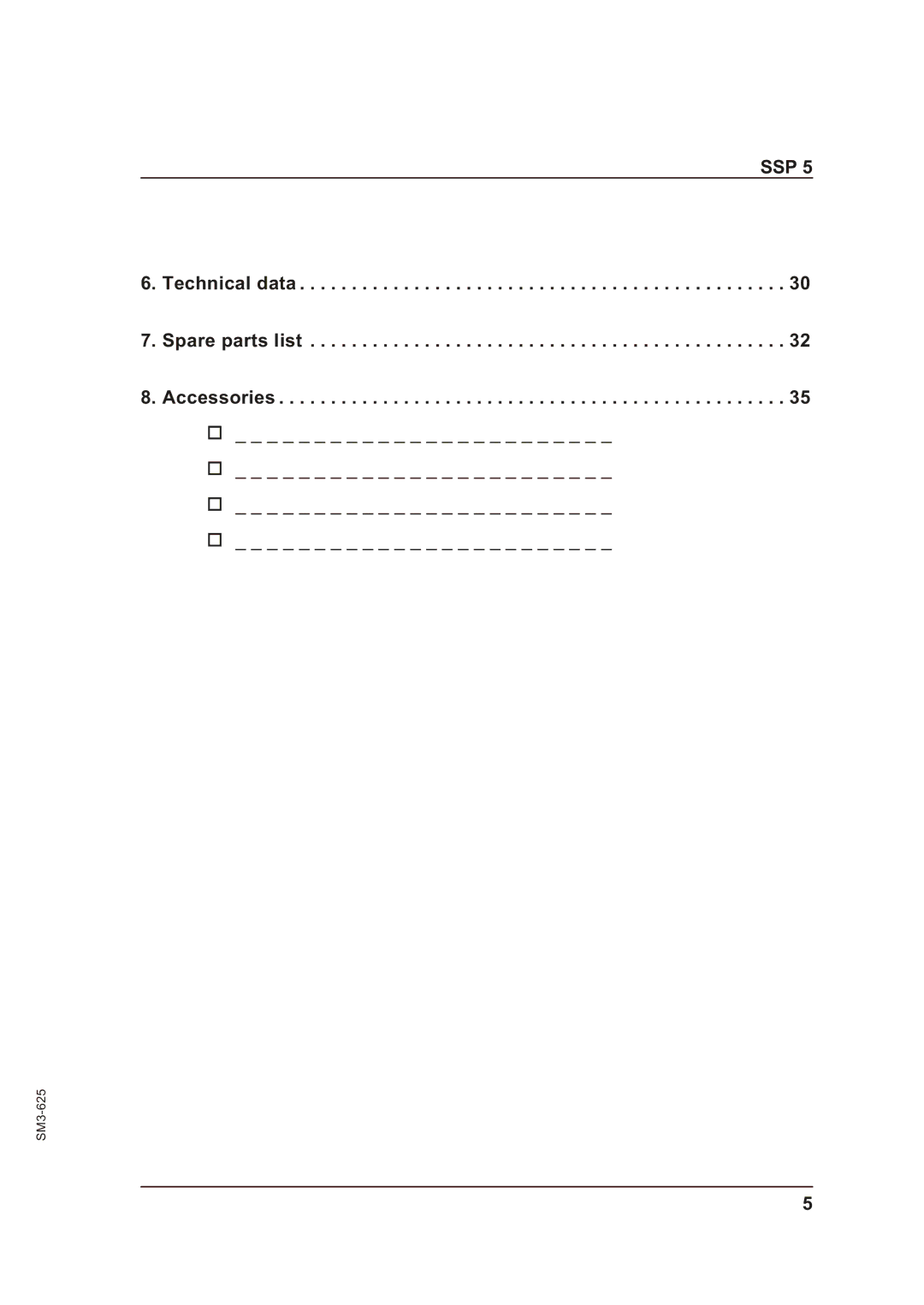 Sterling SSP 5 operating instructions Technical data Spare parts list Accessories 