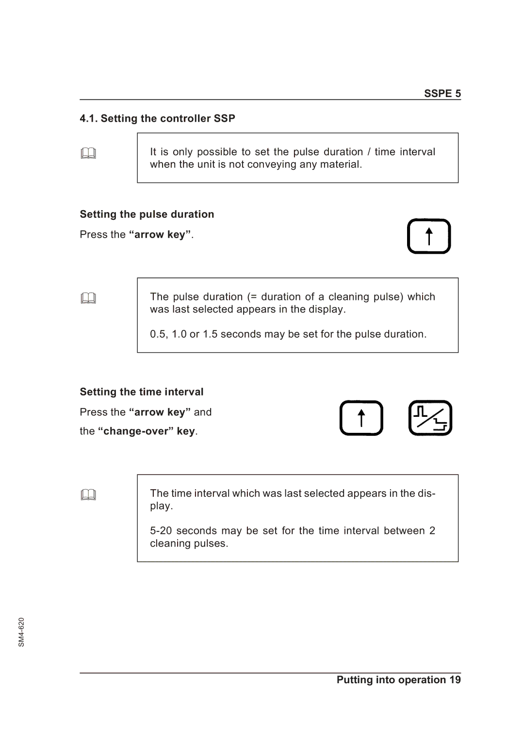 Sterling SSPE 5 Setting the controller SSP, Setting the pulse duration Press the arrow key, Setting the time interval 