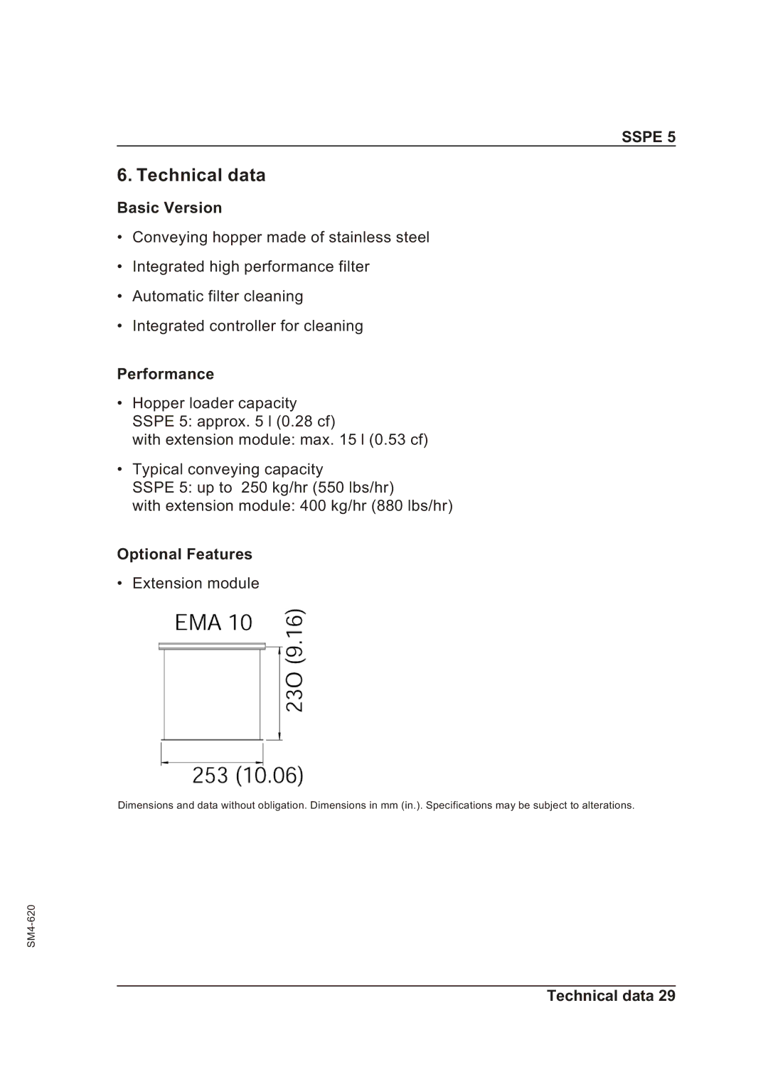 Sterling SSPE 5 manual Technical data, Basic Version, Performance, Optional Features 