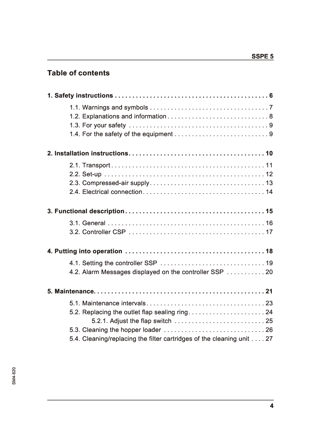 Sterling SSPE 5 manual Table of contents 
