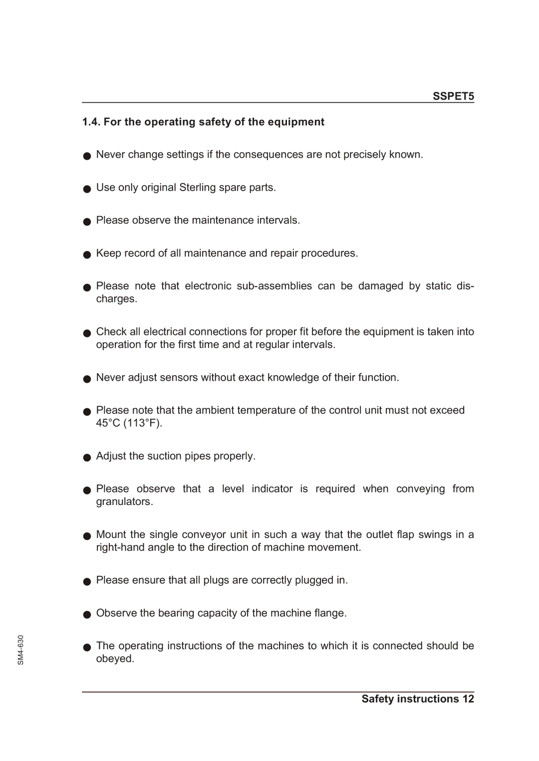 Sterling SSPET 5 operating instructions For the operating safety of the equipment 