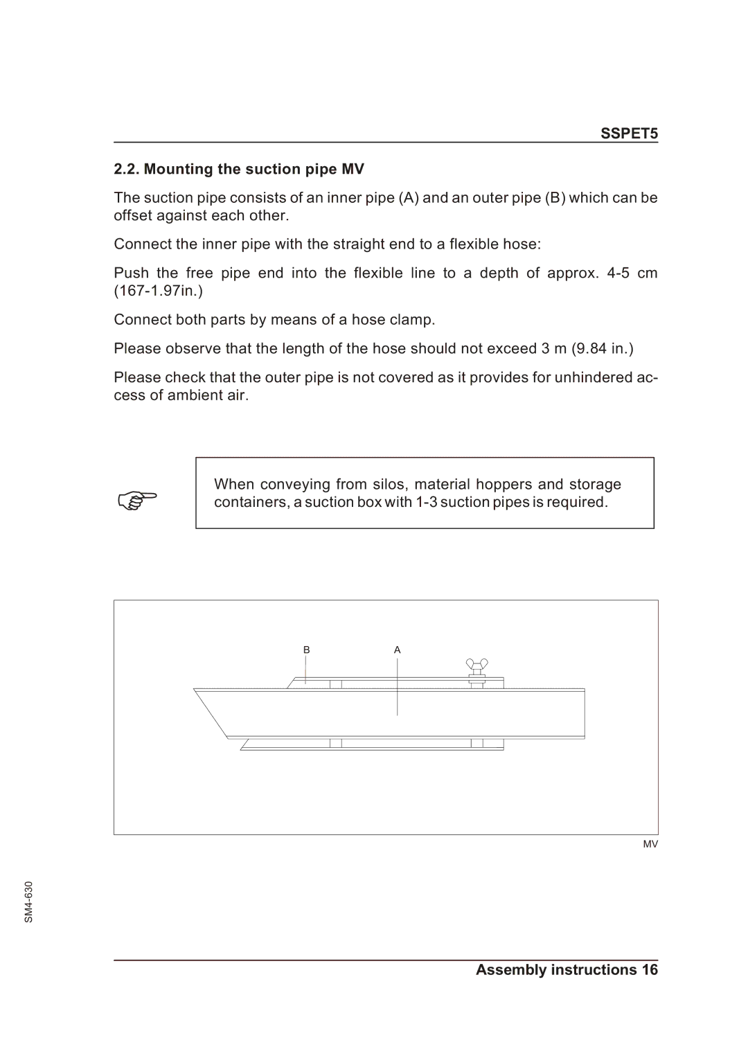 Sterling SSPET 5 operating instructions Mounting the suction pipe MV 