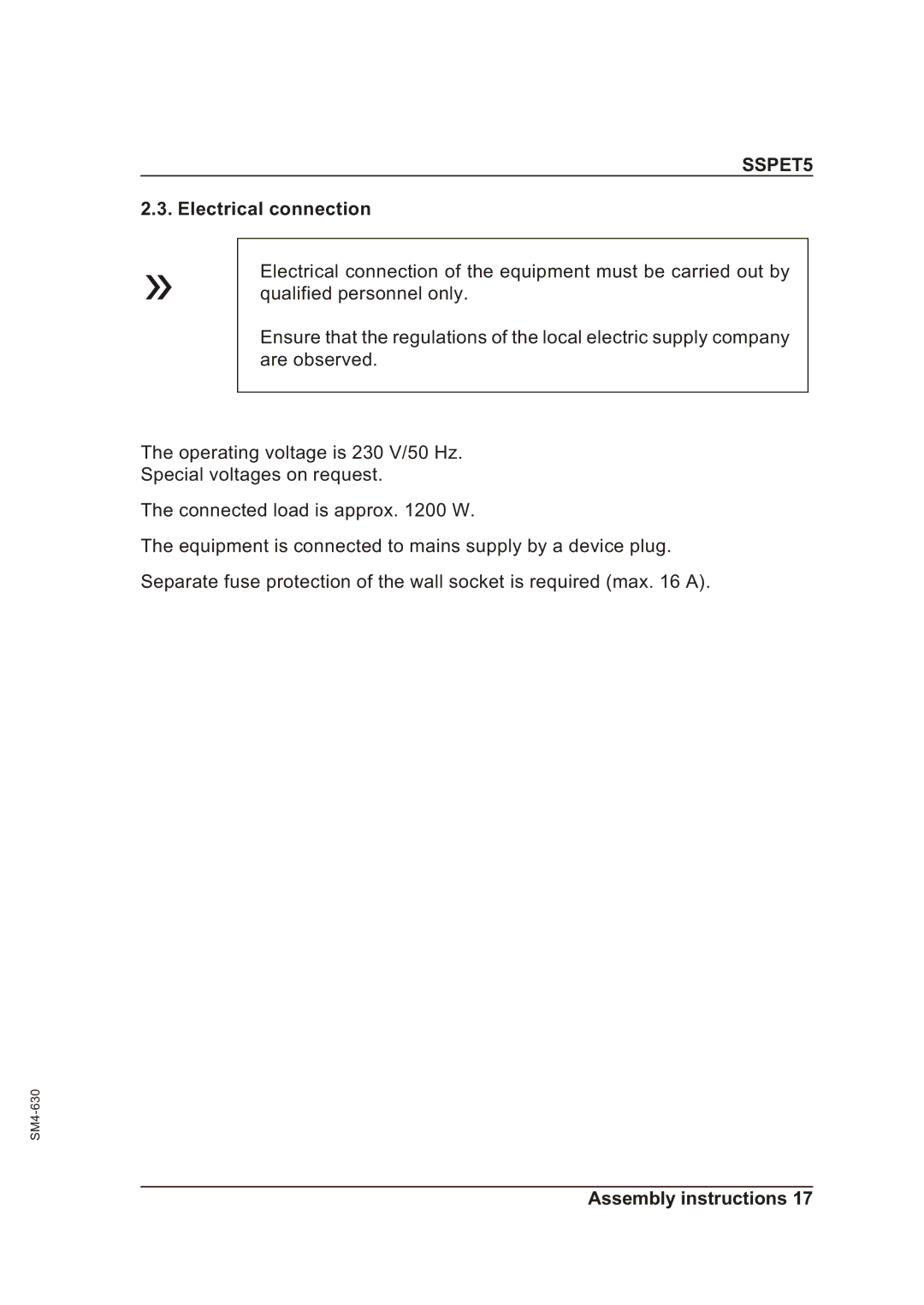 Sterling SSPET 5 operating instructions Electrical connection 