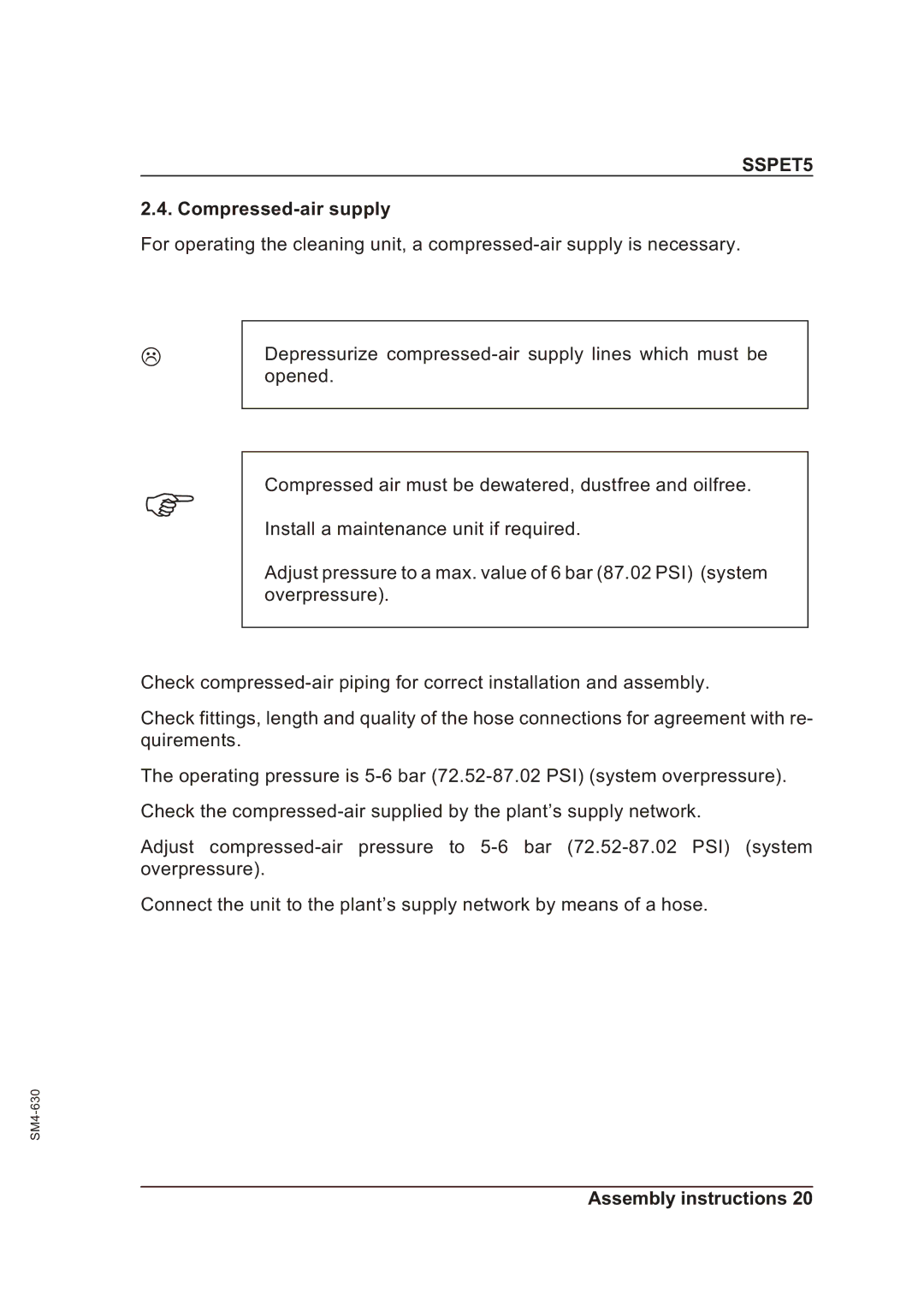 Sterling SSPET 5 operating instructions Compressed-air supply 