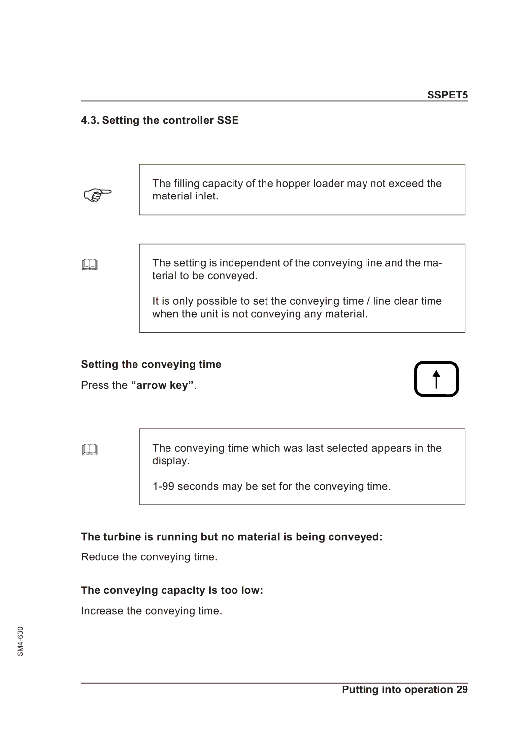 Sterling SSPET 5 Setting the controller SSE, Setting the conveying time, Conveying capacity is too low 