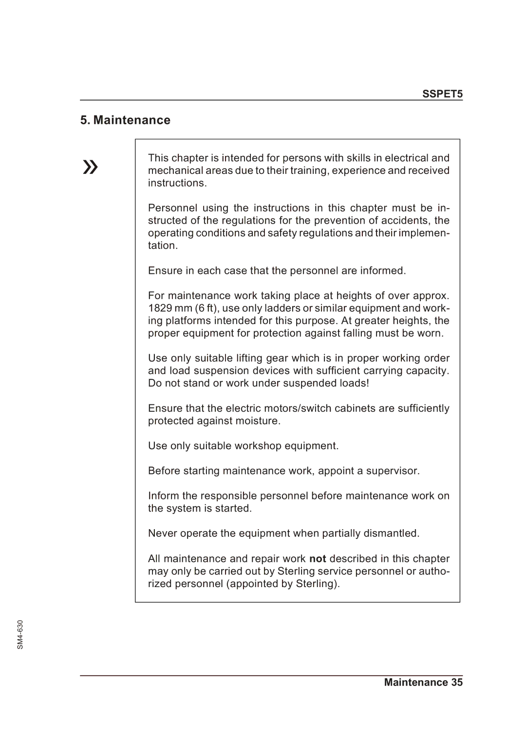 Sterling SSPET 5 operating instructions Maintenance 