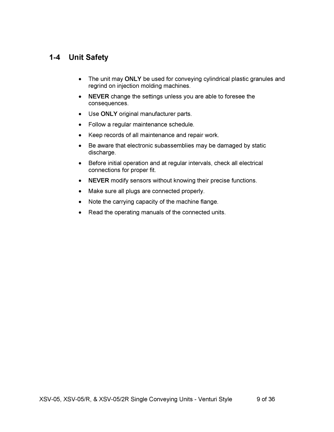 Sterling SSV-052R, SSV-05R operating instructions Unit Safety 